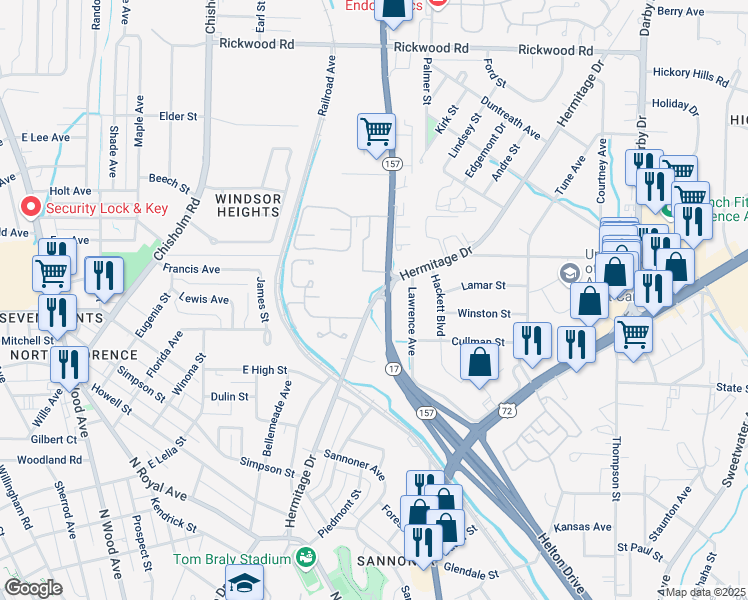 map of restaurants, bars, coffee shops, grocery stores, and more near 1331 Hermitage Drive in Florence