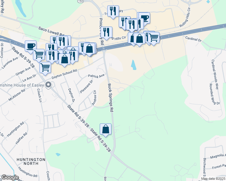 map of restaurants, bars, coffee shops, grocery stores, and more near 323 Rock Springs Road in Easley