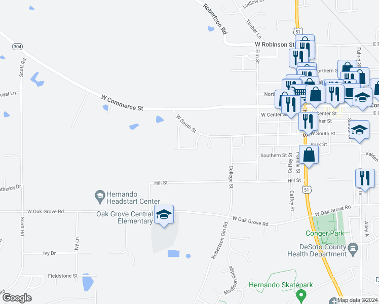 map of restaurants, bars, coffee shops, grocery stores, and more near 823 Plymouth Drive in Hernando