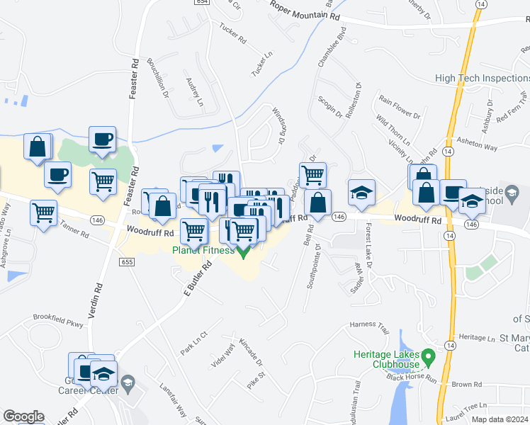 map of restaurants, bars, coffee shops, grocery stores, and more near Rocky Creek Road in Greenville