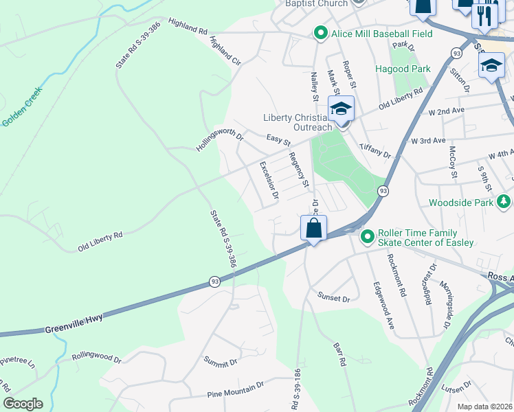 map of restaurants, bars, coffee shops, grocery stores, and more near 111 Nottingham Lane in Easley
