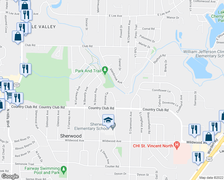 map of restaurants, bars, coffee shops, grocery stores, and more near 124 Verona Circle in Sherwood