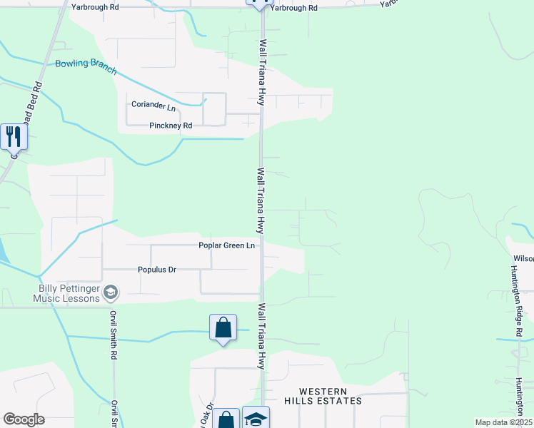 map of restaurants, bars, coffee shops, grocery stores, and more near 7995 Wall Triana Highway in Harvest