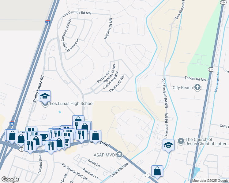 map of restaurants, bars, coffee shops, grocery stores, and more near 1100 Capitan Street Northwest in Los Lunas