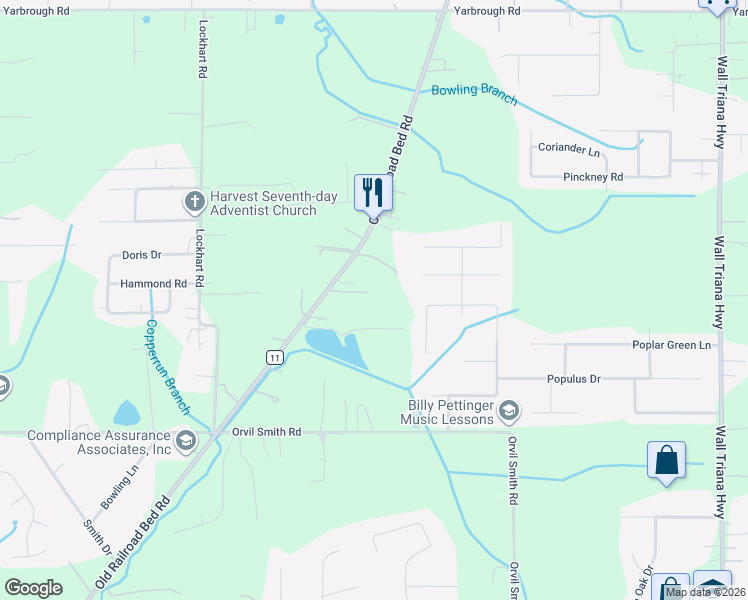 map of restaurants, bars, coffee shops, grocery stores, and more near 3465 Old Railroad Bed Road in Harvest