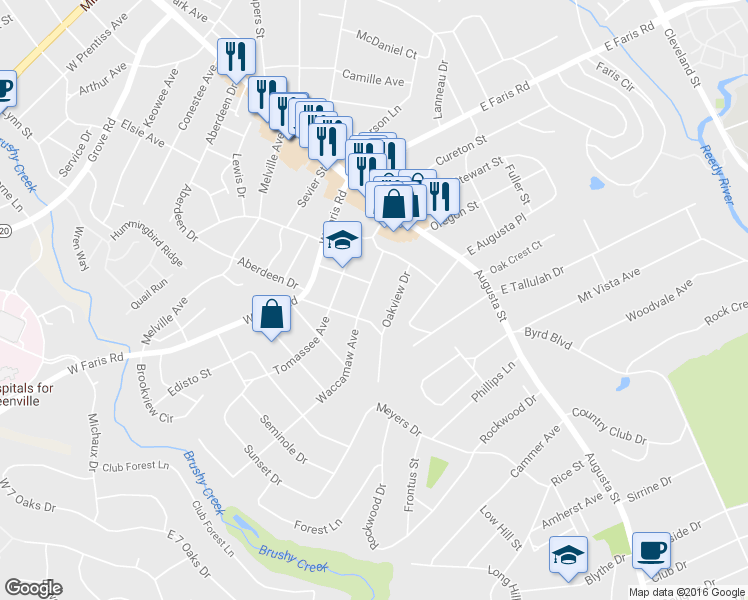 map of restaurants, bars, coffee shops, grocery stores, and more near 107 Waccamaw Avenue in Greenville