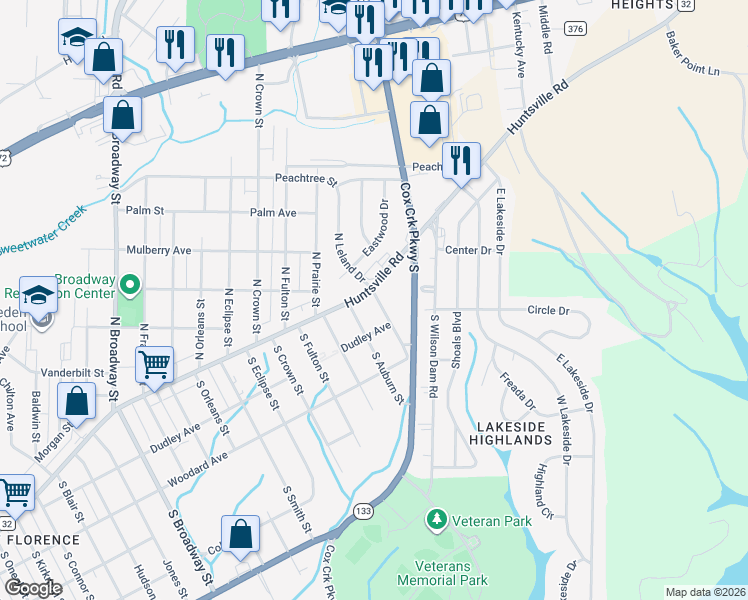 map of restaurants, bars, coffee shops, grocery stores, and more near 101-115 N Leland Dr in Florence