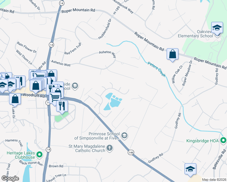 map of restaurants, bars, coffee shops, grocery stores, and more near 603 Mossy Ledge Lane in Simpsonville