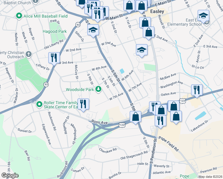 map of restaurants, bars, coffee shops, grocery stores, and more near 211 South 7th Street in Easley