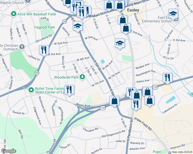 map of restaurants, bars, coffee shops, grocery stores, and more near 206 South 6th Street in Easley