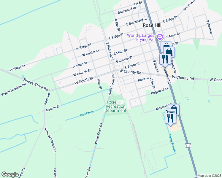 map of restaurants, bars, coffee shops, grocery stores, and more near Wells Town Road in Rose Hill