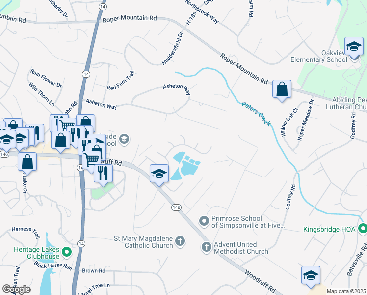map of restaurants, bars, coffee shops, grocery stores, and more near 504 Mossy Ledge Lane in Simpsonville