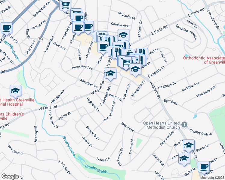 map of restaurants, bars, coffee shops, grocery stores, and more near 100 Winyah Street in Greenville