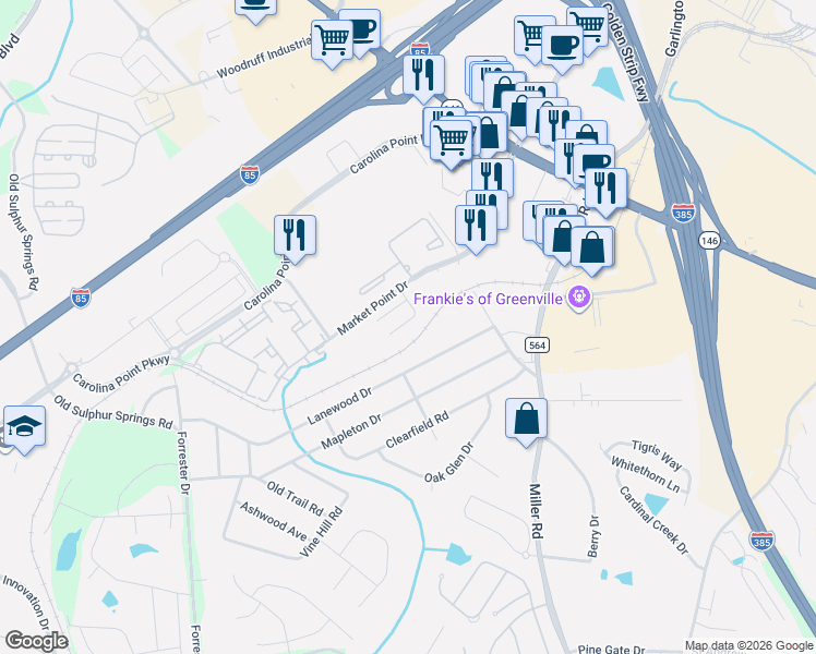 map of restaurants, bars, coffee shops, grocery stores, and more near 39 Market Point Drive in Greenville