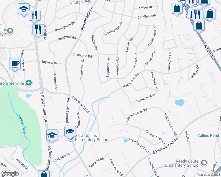 map of restaurants, bars, coffee shops, grocery stores, and more near 432 Henderson Road in Greenville