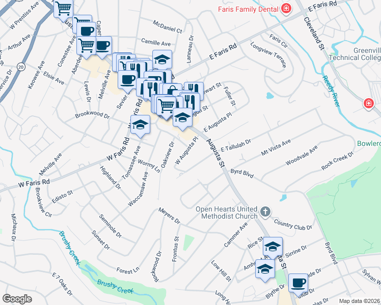 map of restaurants, bars, coffee shops, grocery stores, and more near 15 West Augusta Place in Greenville