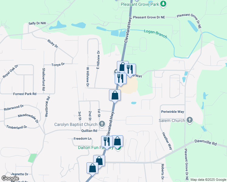 map of restaurants, bars, coffee shops, grocery stores, and more near 93 Pleasant Hill Drive in Dalton