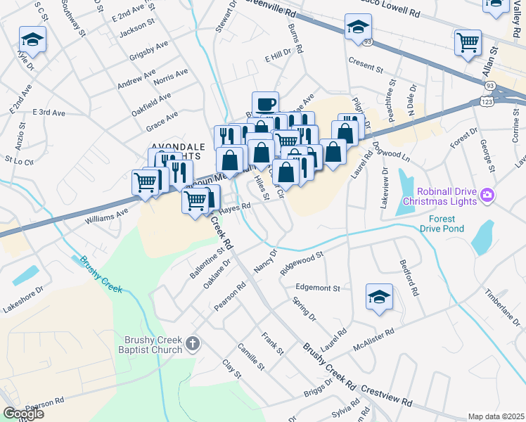 map of restaurants, bars, coffee shops, grocery stores, and more near 317 Cedar Circle in Easley