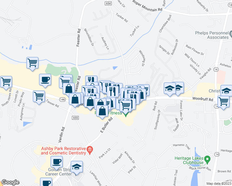 map of restaurants, bars, coffee shops, grocery stores, and more near 225 Rocky Creek Road in Greenville