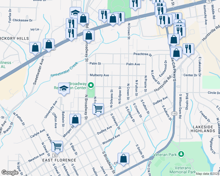 map of restaurants, bars, coffee shops, grocery stores, and more near 227 North Orleans Street in Florence