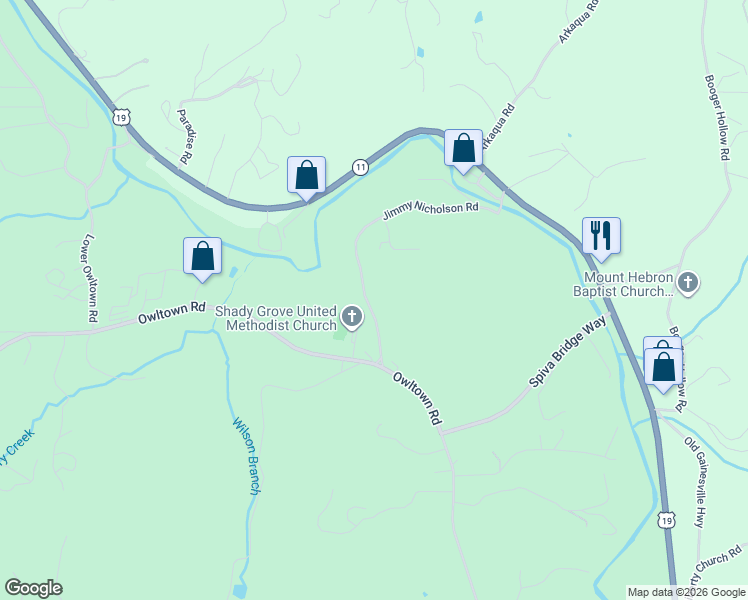 map of restaurants, bars, coffee shops, grocery stores, and more near 607 Jimmy Nicholson Road in Blairsville