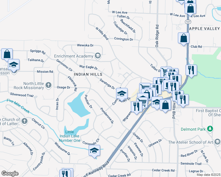 map of restaurants, bars, coffee shops, grocery stores, and more near 1808 Saratoga Drive in North Little Rock
