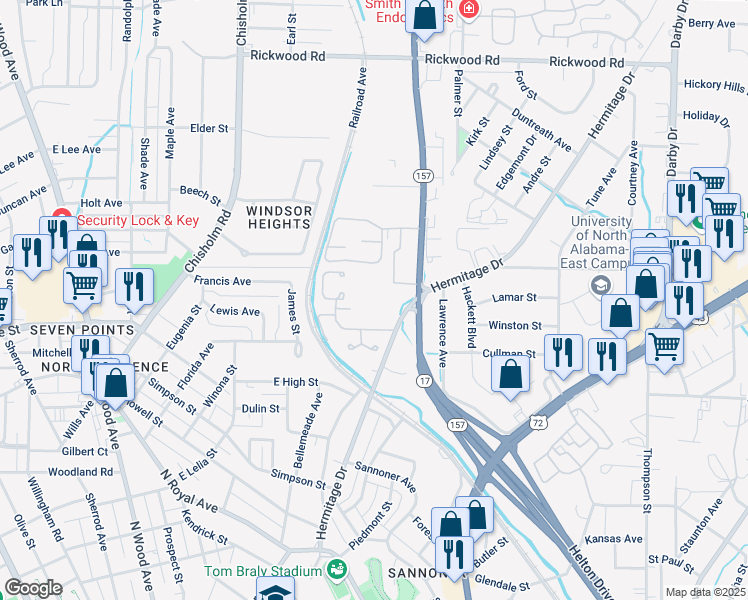 map of restaurants, bars, coffee shops, grocery stores, and more near 1301 Hermitage Drive in Florence