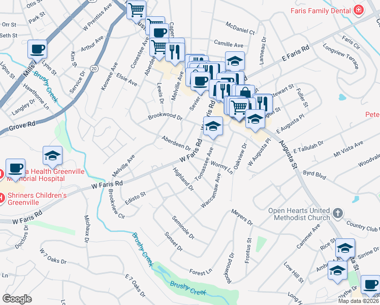 map of restaurants, bars, coffee shops, grocery stores, and more near 210 West Faris Road in Greenville