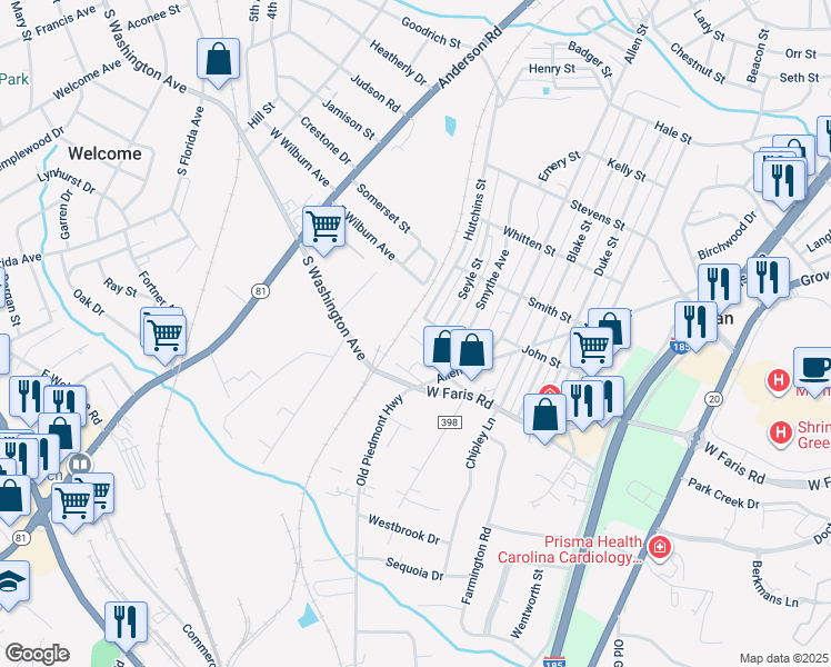 map of restaurants, bars, coffee shops, grocery stores, and more near 17 Adger Street in Greenville