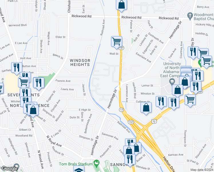 map of restaurants, bars, coffee shops, grocery stores, and more near 1301 Hermitage Drive in Florence