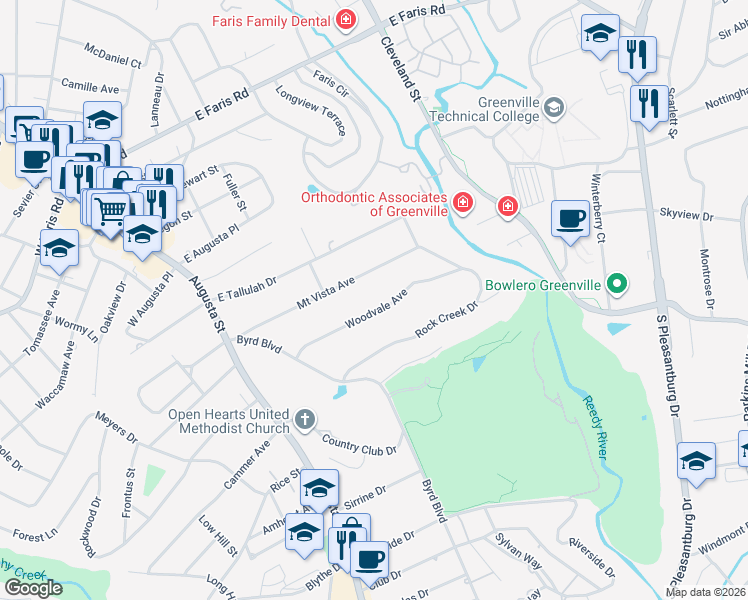 map of restaurants, bars, coffee shops, grocery stores, and more near 47 Woodvale Ave in Greenville