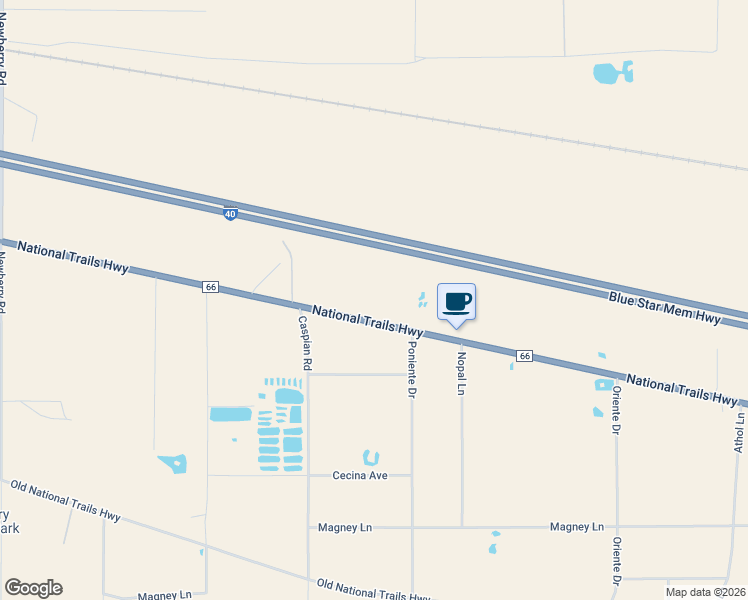 map of restaurants, bars, coffee shops, grocery stores, and more near National Trails Highway in Newberry Springs