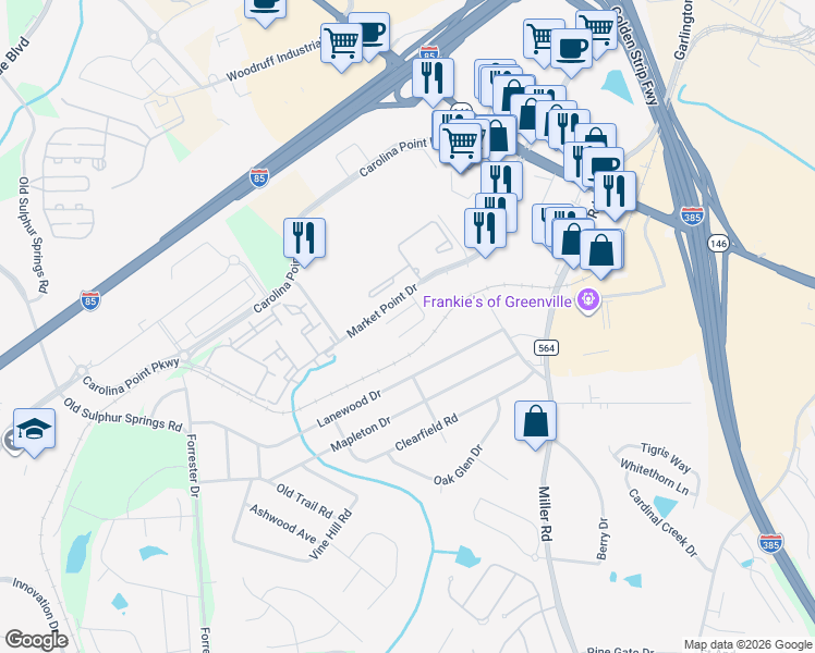 map of restaurants, bars, coffee shops, grocery stores, and more near 39 Market Point Drive in Greenville