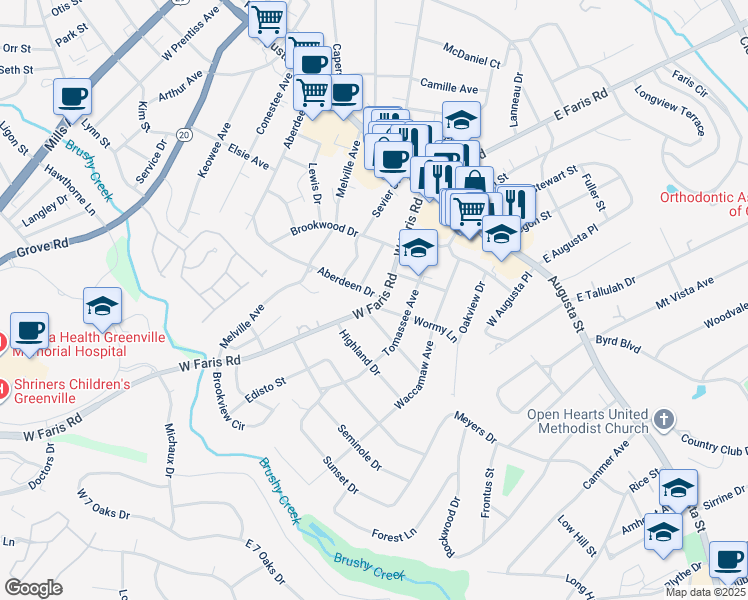 map of restaurants, bars, coffee shops, grocery stores, and more near 220 West Faris Road in Greenville