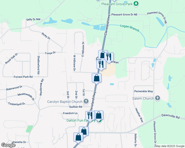 map of restaurants, bars, coffee shops, grocery stores, and more near 93 Pleasant Hill Drive in Dalton