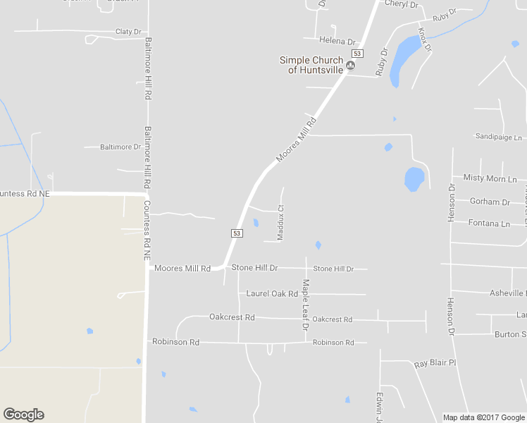 map of restaurants, bars, coffee shops, grocery stores, and more near 106 Braves Drive in Huntsville