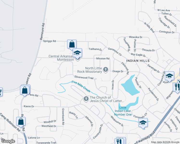 map of restaurants, bars, coffee shops, grocery stores, and more near 26 Silverwood Court in North Little Rock