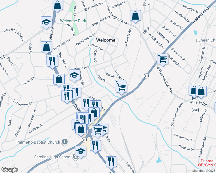 map of restaurants, bars, coffee shops, grocery stores, and more near 107 Oak Drive in Greenville