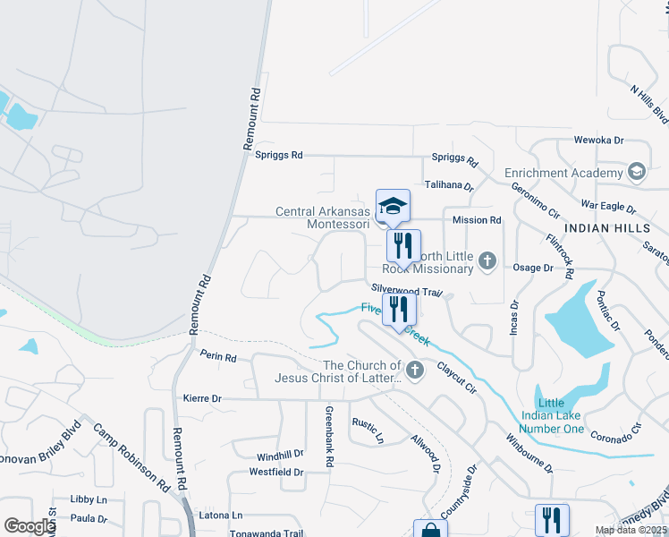 map of restaurants, bars, coffee shops, grocery stores, and more near 2 Shady Valley Court in North Little Rock
