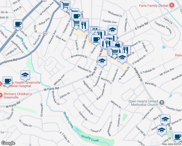 map of restaurants, bars, coffee shops, grocery stores, and more near 210 West Faris Road in Greenville