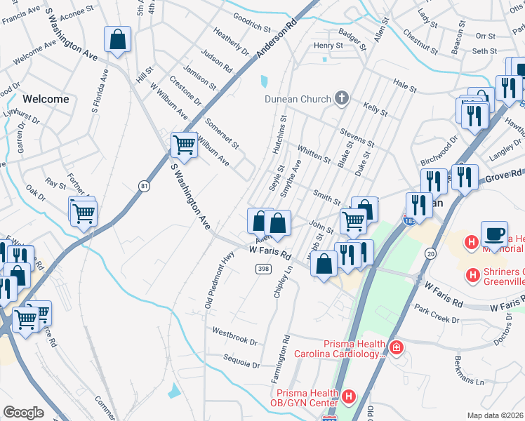 map of restaurants, bars, coffee shops, grocery stores, and more near 77 Smythe Avenue in Greenville