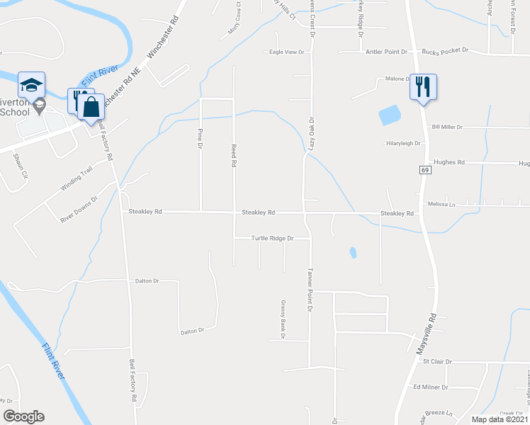 map of restaurants, bars, coffee shops, grocery stores, and more near 365 Steakley Road in New Market