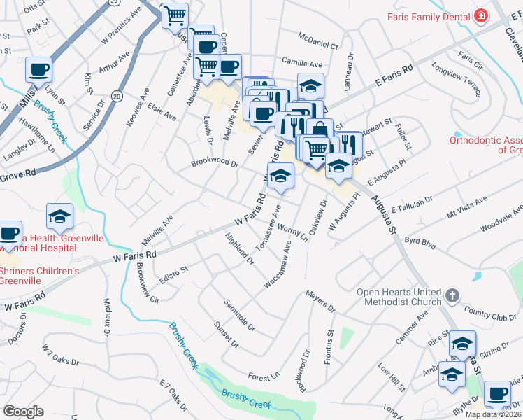 map of restaurants, bars, coffee shops, grocery stores, and more near 210 West Faris Road in Greenville