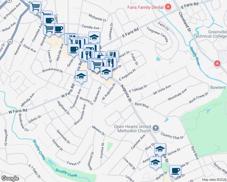 map of restaurants, bars, coffee shops, grocery stores, and more near 15 West Augusta Place in Greenville