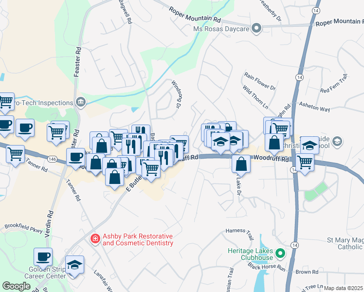 map of restaurants, bars, coffee shops, grocery stores, and more near 50 Rocky Creek Road in Greenville