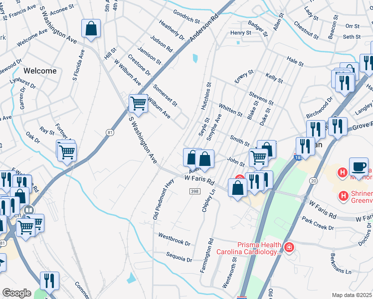 map of restaurants, bars, coffee shops, grocery stores, and more near 17 Adger Street in Greenville