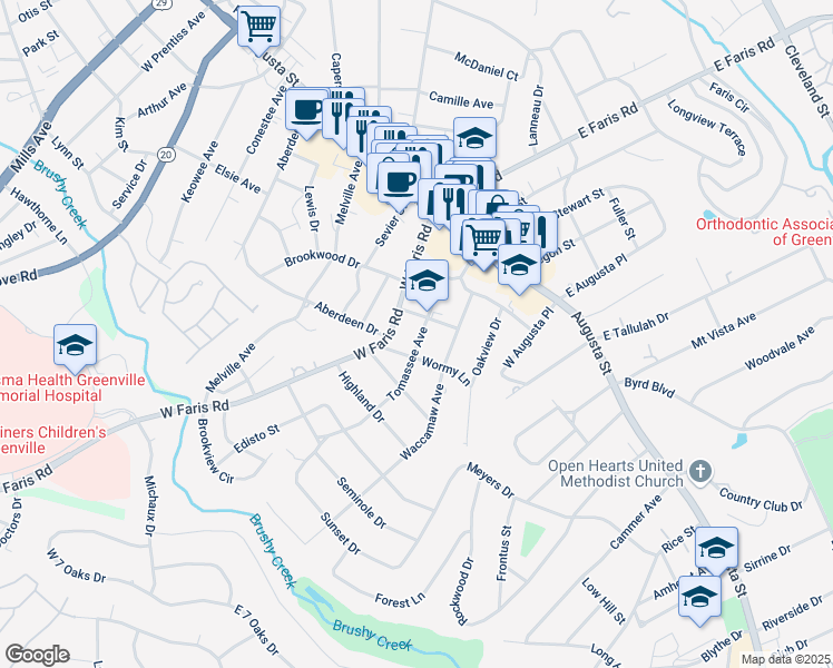 map of restaurants, bars, coffee shops, grocery stores, and more near 106 Tomassee Avenue in Greenville