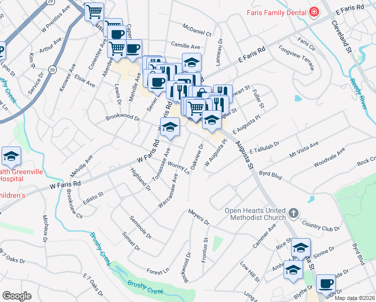 map of restaurants, bars, coffee shops, grocery stores, and more near 101 Waccamaw Avenue in Greenville
