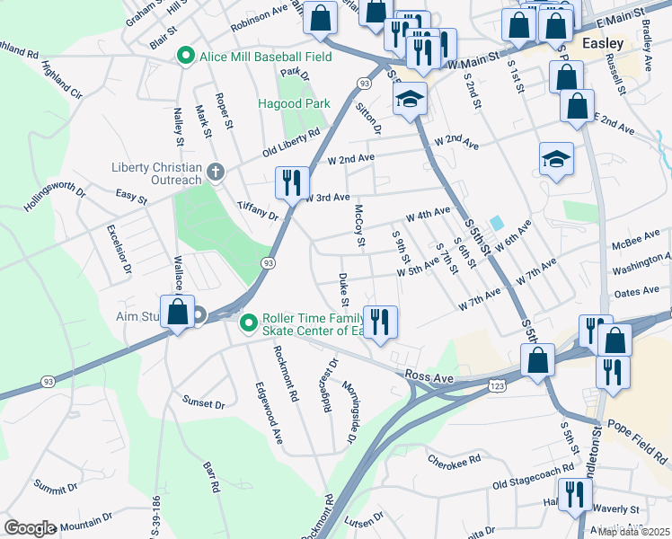 map of restaurants, bars, coffee shops, grocery stores, and more near 102 Duke Street in Easley