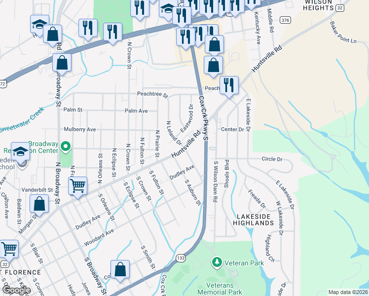 map of restaurants, bars, coffee shops, grocery stores, and more near 101 North Leland Drive in Florence
